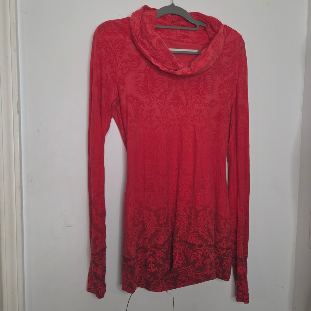 Athleta Red Damask Floral Burnout Cowl Neck Hoodie Thumbhole Top Mens M